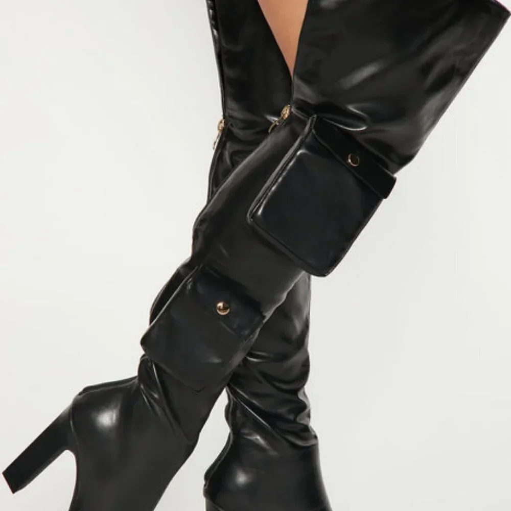 POCKETS CAN'T KEEP ME DOWN Over The Knee Pocket Boots - Black ( BRAND NEW!)